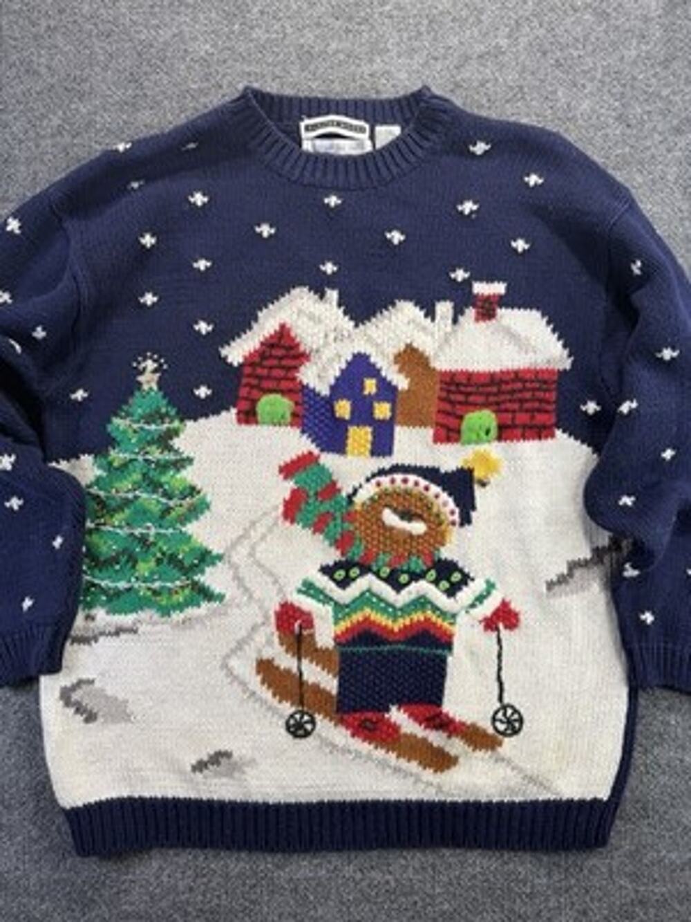 Jennifer Moore VTG Knitted By Hand Christmas Sweater Sz L Skiing Bear Stretch